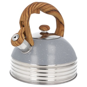 Stahlkessel mit Pfeife für Induktion 2,5L grauer Marmorholzgriff BRUNBESTE BB-2477