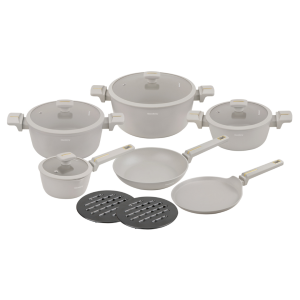 Set of pots and pans 12 pieces. pots, cast aluminum, non-stick coating, induction, beige, KLAUSBERG KB-7967