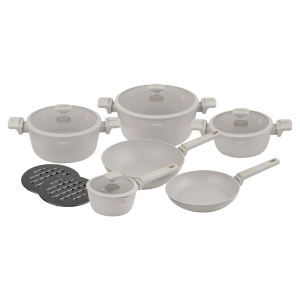 Set of pots and pans 12 pieces. pots, cast aluminum, non-stick coating, induction, beige, KLAUSBERG KB-7969