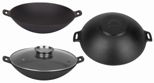 Wok żeliwny 37cm ze szklaną pokrywką ROSSNER KL1804