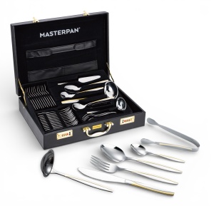 Zestaw sztućców w walizce 72 ELE na 12 osób sztućce złote wstawki komplet MASTERPAN MP-8008