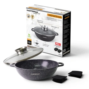 Garnek ceramiczny niski szeroki wok z pokrywką 32CM 6.5L na indukcję gaz czarny MASTERPAN MP-2137