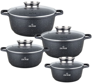 8-Tlg Marmor Töpfset mit Glasdeckel Kochtopf-Set Marmorbeschichtung ZILNER ZL-8900