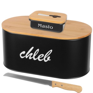 Black metal bread bin with cutting board + butter dish BRUNBESTE BB-2762